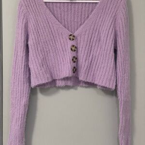 Purple Ribbed Cardigan with Button Detail
